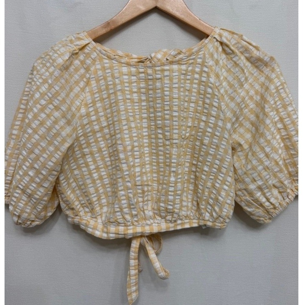 Urban Outfitters Yellow Gingham Seersucker Tie Back Crop Top Small Cottagecore